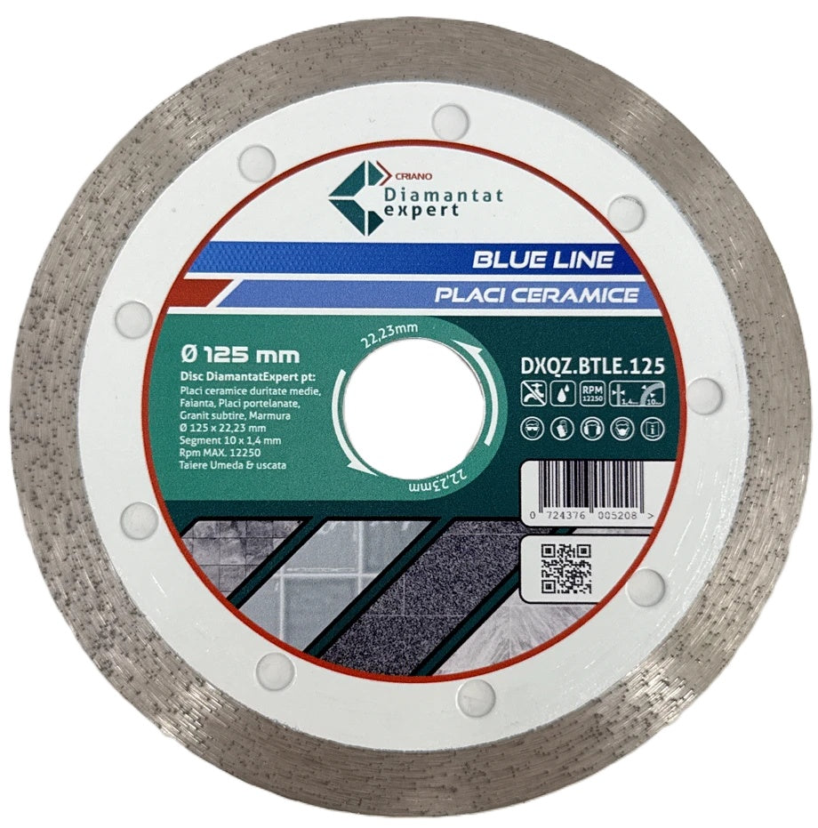 Disc DiamantatExpert pt. Ceramica, Gresie Portelanata de Duritate Medie, Placi 125x22.23 (mm) taiere uscata sau umeda, Blue Line Profesional - DXQZ.BTLE.125
