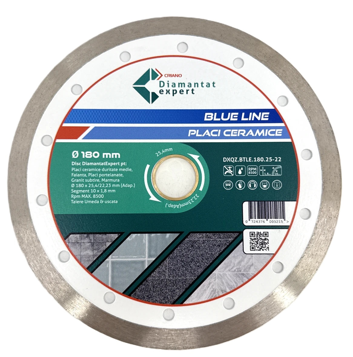 Disc DiamantatExpert pt. Ceramica, Gresie Portelanata de Duritate Medie, Placi 180x25,4/22.23(ring) (mm) taiere uscata sau umeda, Blue Line Profesional - DXQZ.BTLE.180.25-22