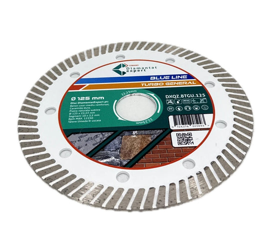 Disc DiamantatExpert TURBO pt. Beton Ranforsat Usor, Materiale de constructii 125x22.23 (mm) taiere uscata sau umeda, Blue Line Profesional - DXQZ.BTGU.125