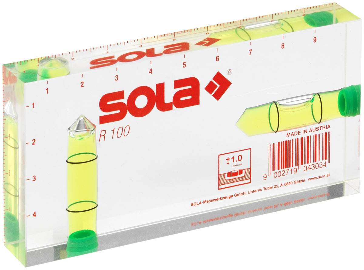 Nivelă sticla acrilica ( Boloboc ) pentru electricieni R100, 2 bule, 10cm - Sola-01622101