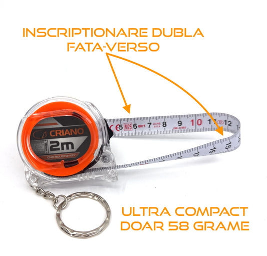 Ruleta Compacta banda metalica cu dublu marcaj, corp transparent cu inel tip breloc, 2m x 13mm - CNO-RUL2X13-KEY