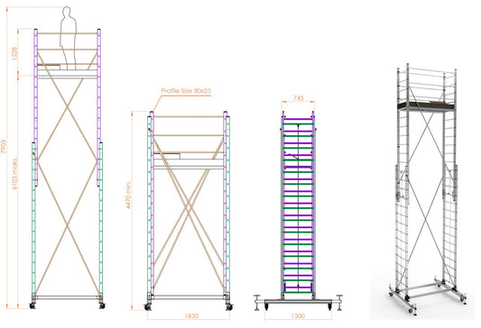Schela mobila aluminiu telescopica 2x4(m), inaltime lucru 8 metri, o platforma 1,6x0,6(m), max 200kg/mp - CNO-SME-MEGA8