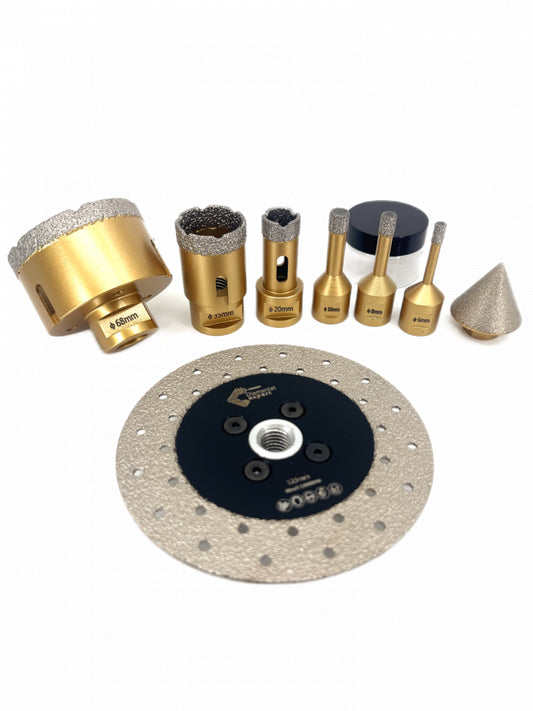 Set carote diamantate pt. gresie portelanata & piatra - diam. 6, 8, 10, 20, 35, 68 (mm), freza conica, disc taiere si ceara PREMIUM - DXDY.GOLDrill.9SET