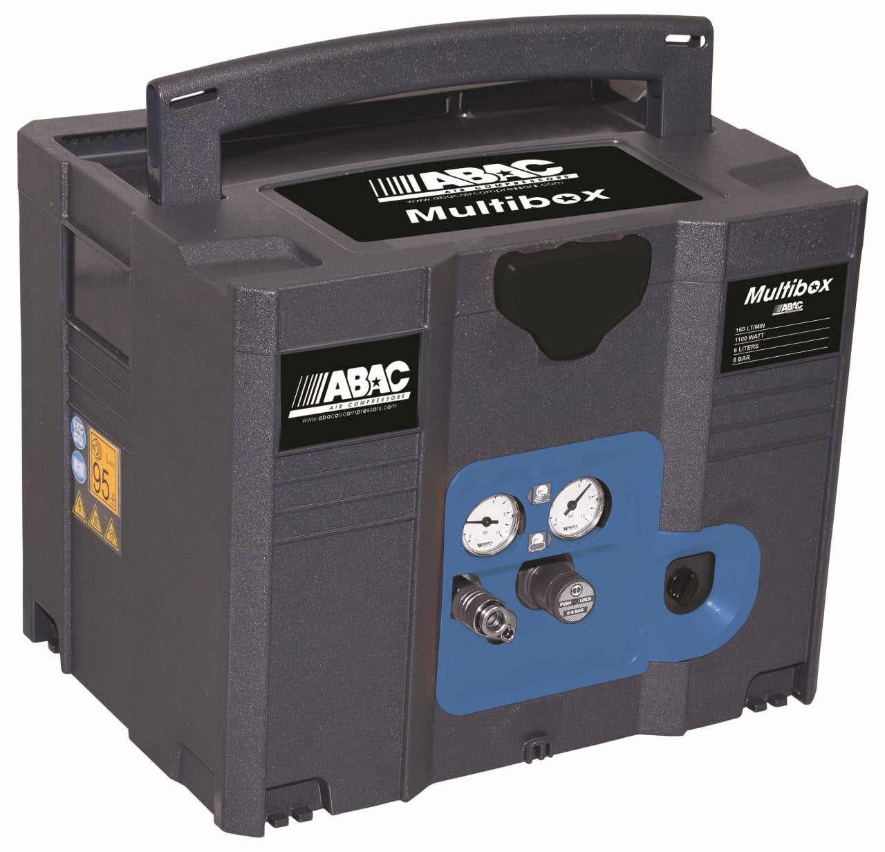 Compresor de aer cu piston fara ulei, silentios, Systainer T-LOC - 1.1 kW, 160 L/min, 8 bari - Rezervor 6 litri - ABAC-MULTIBOX-6
