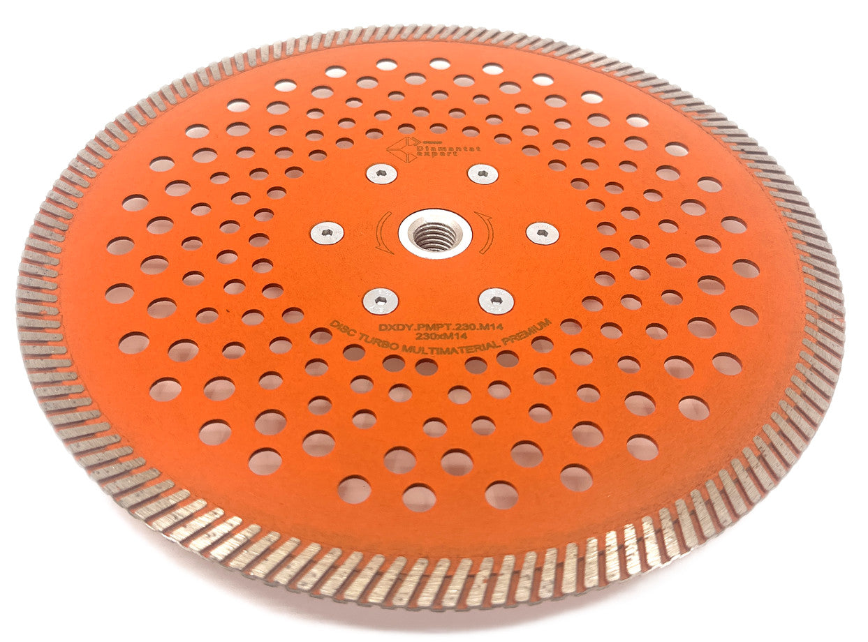 Disc diamantat pentru taiat Granit, Piatra, Beton armat, Materiale dure TURBO Laser 230mm cu prindere M14 SUPER PREMIUM - DXDY.PMPT.230.M14