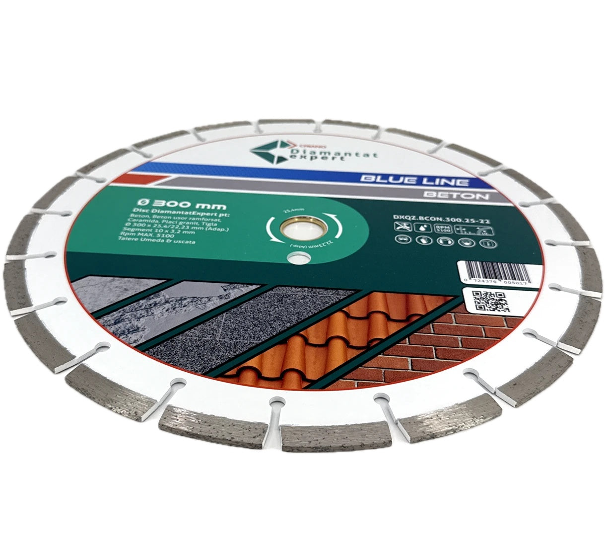 Disc DiamantatExpert LASER pt. Beton, Materiale constructii 300x25,4/22,23(inel) (mm) taiere uscata sau umeda, Blue Line Profesional - DXQZ.BCON.300.25-22