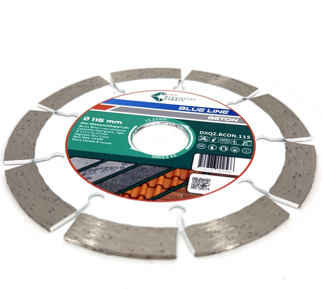 Disc DiamantatExpert pt. Beton, Materiale constructii 115x22.23 (mm) taiere uscata sau umeda, Blue Line Profesional - DXQZ.BCON.115