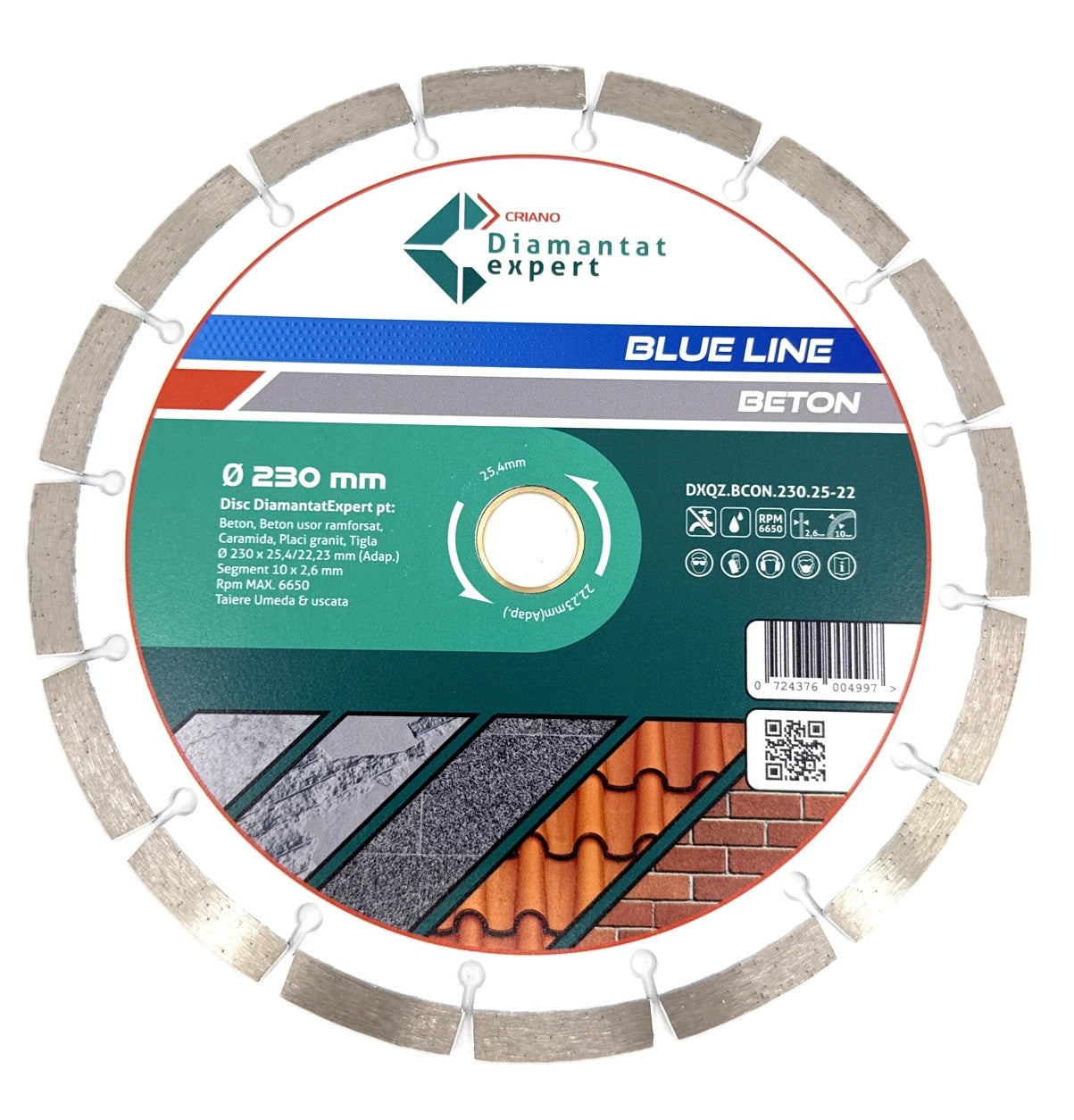 Disc DiamantatExpert pt. Beton, Materiale constructii 230x25,4/22.23(inel) (mm) taiere uscata sau umeda, Blue Line Profesional - DXQZ.BCON.230.25-22