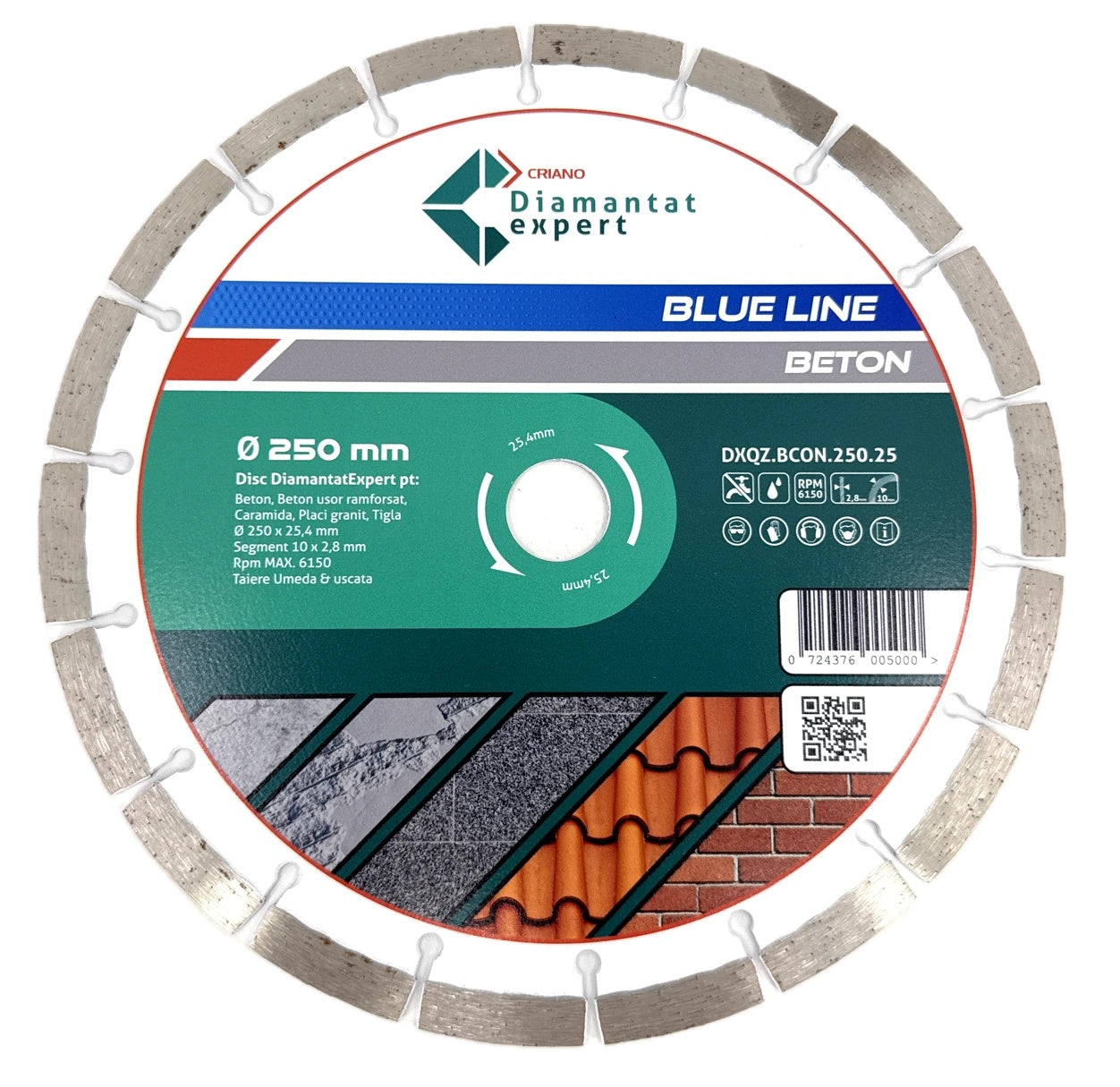 Disc DiamantatExpert pt. Beton, Materiale constructii 250x25,4 (mm) taiere uscata sau umeda, Blue Line Profesional - DXQZ.BCON.250.25