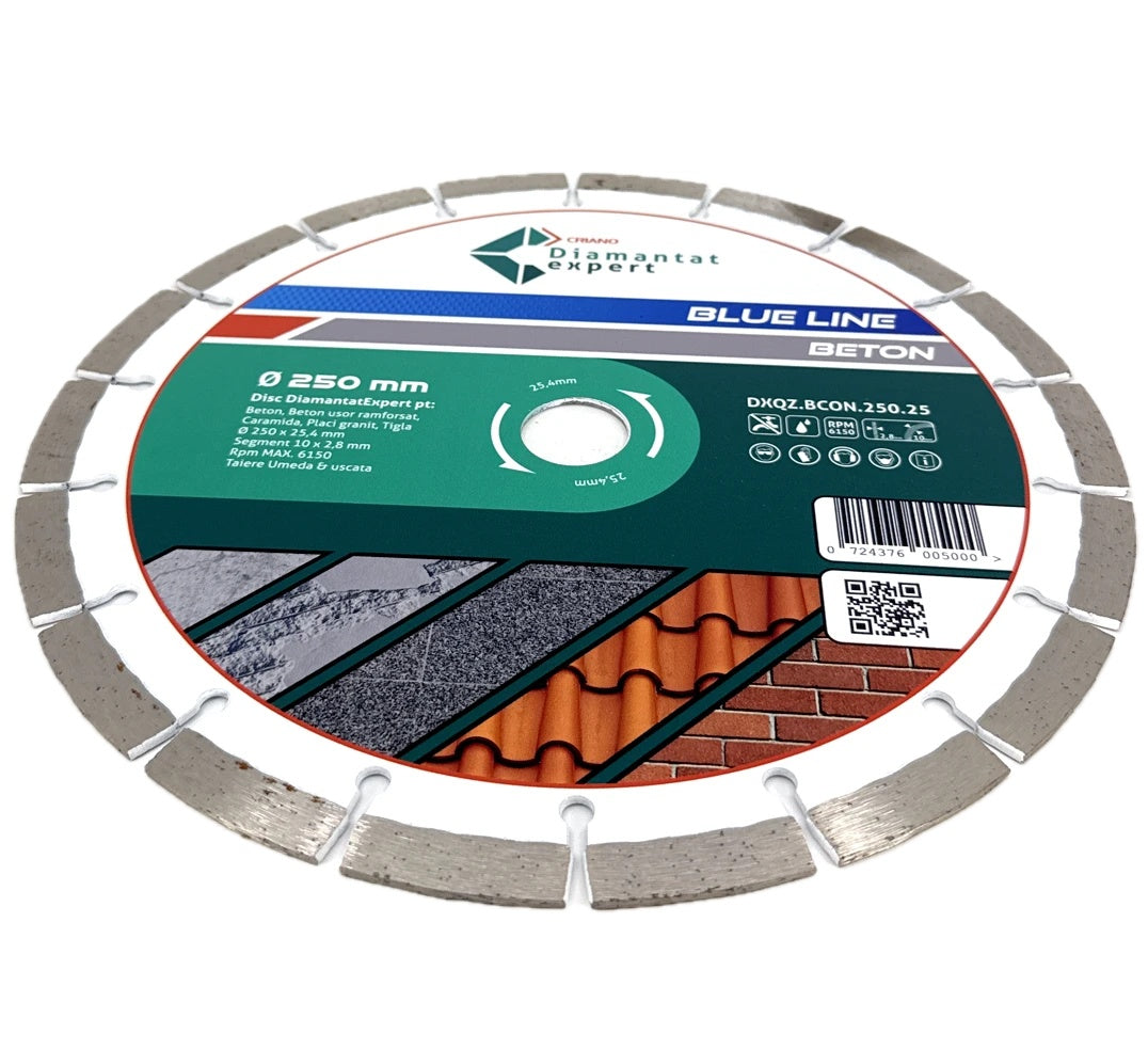 Disc DiamantatExpert pt. Beton, Materiale constructii 250x25,4 (mm) taiere uscata sau umeda, Blue Line Profesional - DXQZ.BCON.250.25