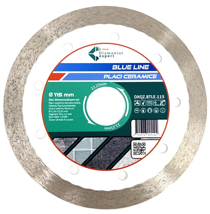Disc DiamantatExpert pt. Ceramica, Gresie Portelanata de Duritate Medie, Placi 115x22.23 (mm) taiere uscata sau umeda, Blue Line Profesional - DXQZ.BTLE.115