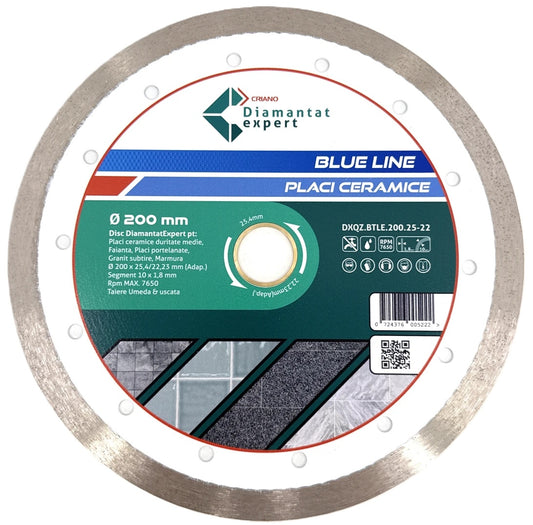 Disc DiamantatExpert pt. Ceramica, Gresie Portelanata de Duritate Medie, Placi 200x25,4/22.23(ring) (mm) taiere uscata sau umeda, Blue Line Profesional - DXQZ.BTLE.200.25-22