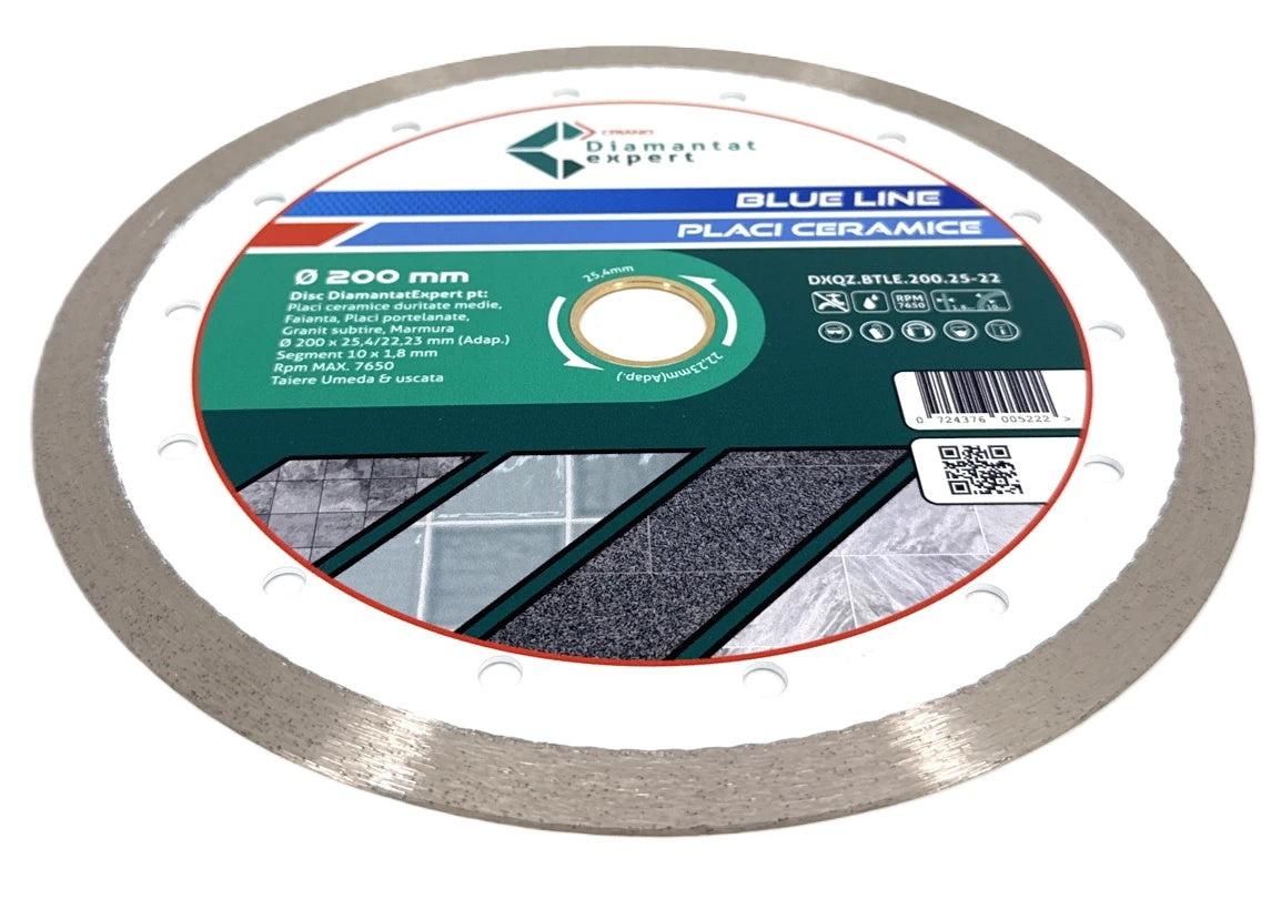 Disc DiamantatExpert pt. Ceramica, Gresie Portelanata de Duritate Medie, Placi 200x25,4/22.23(ring) (mm) taiere uscata sau umeda, Blue Line Profesional - DXQZ.BTLE.200.25-22