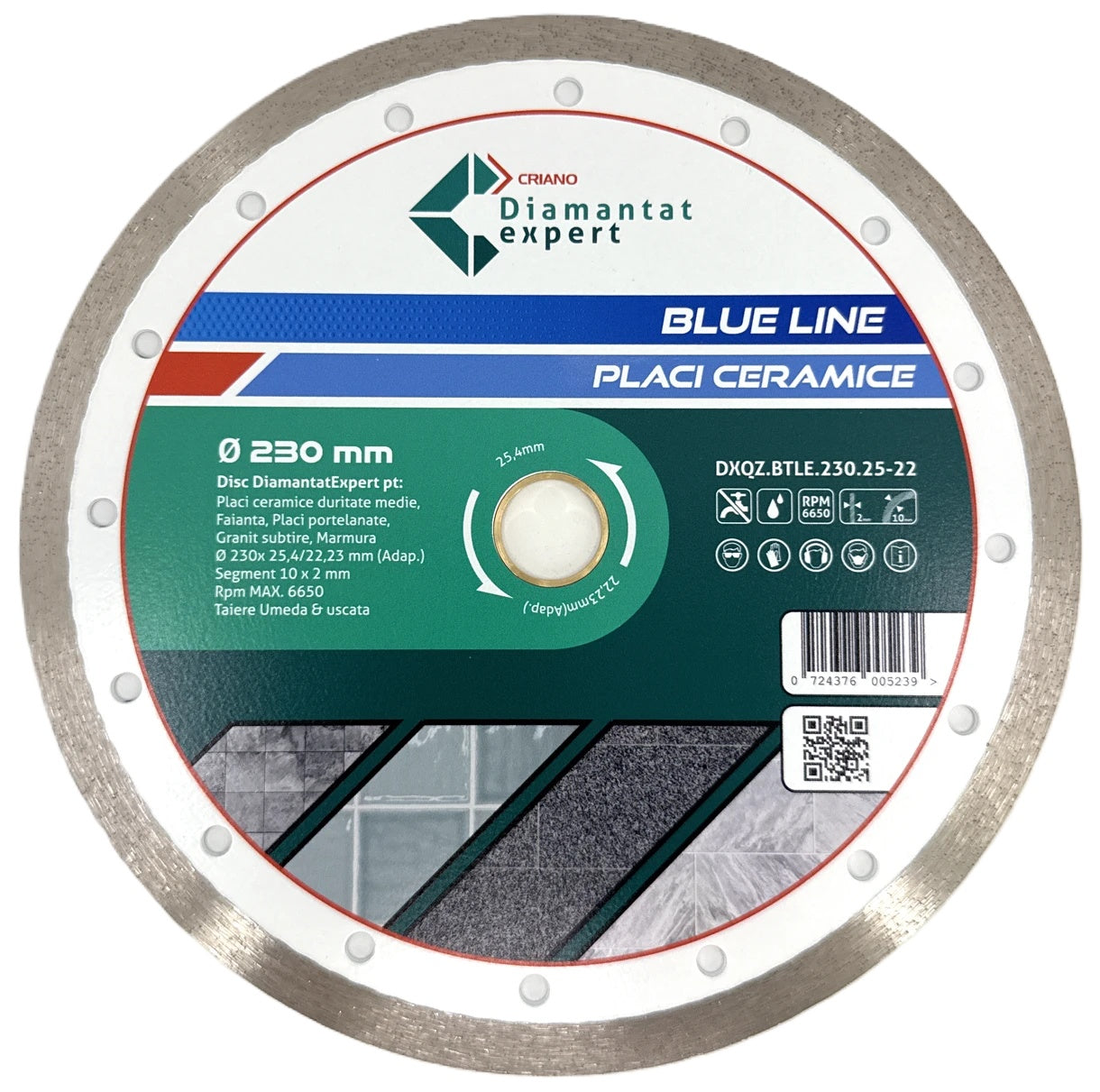 Disc DiamantatExpert pt. Ceramica, Gresie Portelanata de Duritate Medie, Placi 230x25,4/22.23(ring) (mm) taiere uscata sau umeda, Blue Line Profesional - DXQZ.BTLE.230.25-22