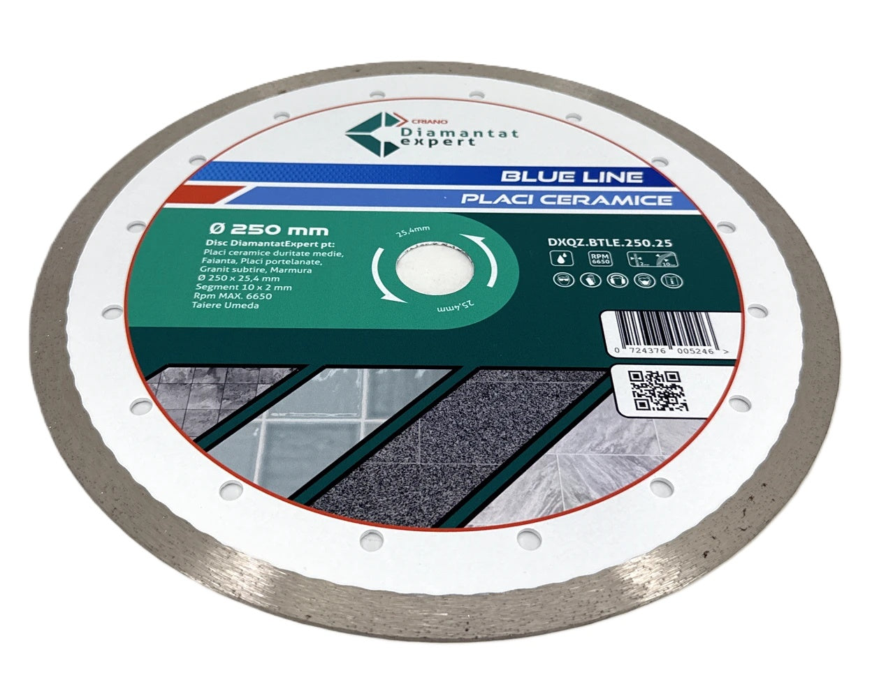 Disc DiamantatExpert pt. Ceramica, Gresie Portelanata de Duritate Medie, Placi 250x25,4mm (mm) taiere umeda, Blue Line Profesional - DXQZ.BTLE.250.25