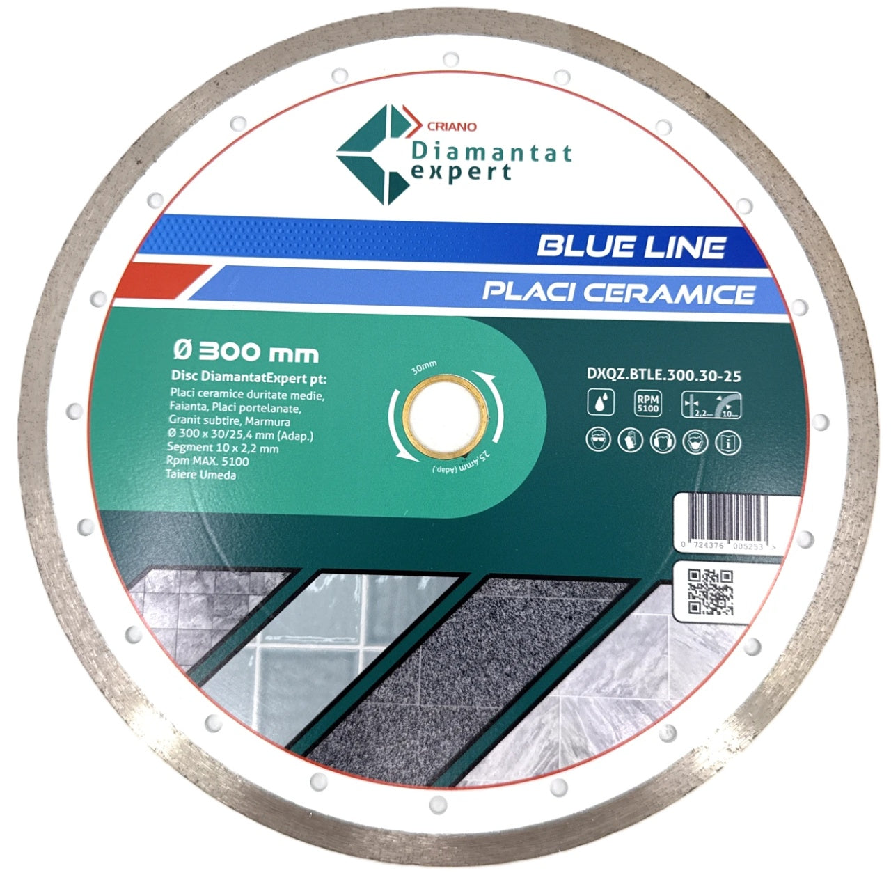 Disc DiamantatExpert pt. Ceramica, Gresie Portelanata de Duritate Medie, Placi 300x30/25,4mm(ring) (mm) taiere umeda, Blue Line Profesional - DXQZ.BTLE.300.30-25