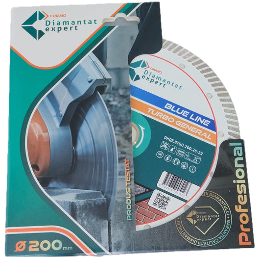 Disc DiamantatExpert TURBO pt. Beton Ranforsat Usor, Materiale de constructii 200x25,4/22.23(ring) (mm) taiere uscata sau umeda, Blue Line Profesional - DXQZ.BTGU.200.25-22