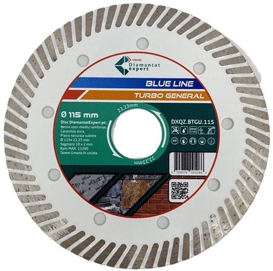 Disc DiamantatExpert TURBO pt. Beton Ranforsat Usor, Materiale de constructii 115x22.23 (mm) taiere uscata sau umeda, Blue Line Profesional - DXQZ.BTGU.115