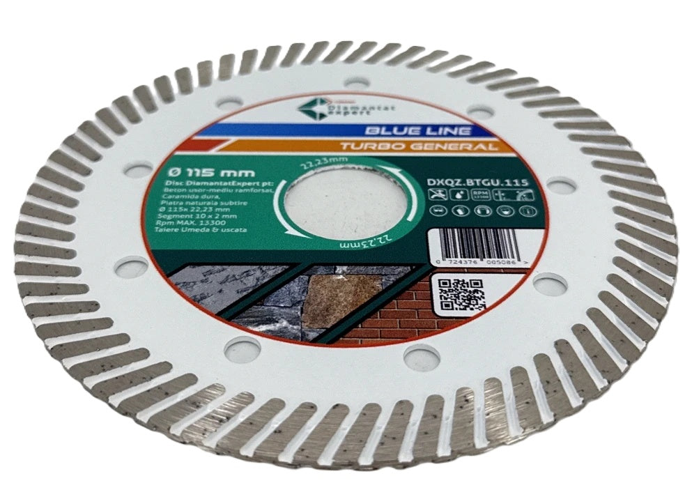 Disc DiamantatExpert TURBO pt. Beton Ranforsat Usor, Materiale de constructii 115x22.23 (mm) taiere uscata sau umeda, Blue Line Profesional - DXQZ.BTGU.115