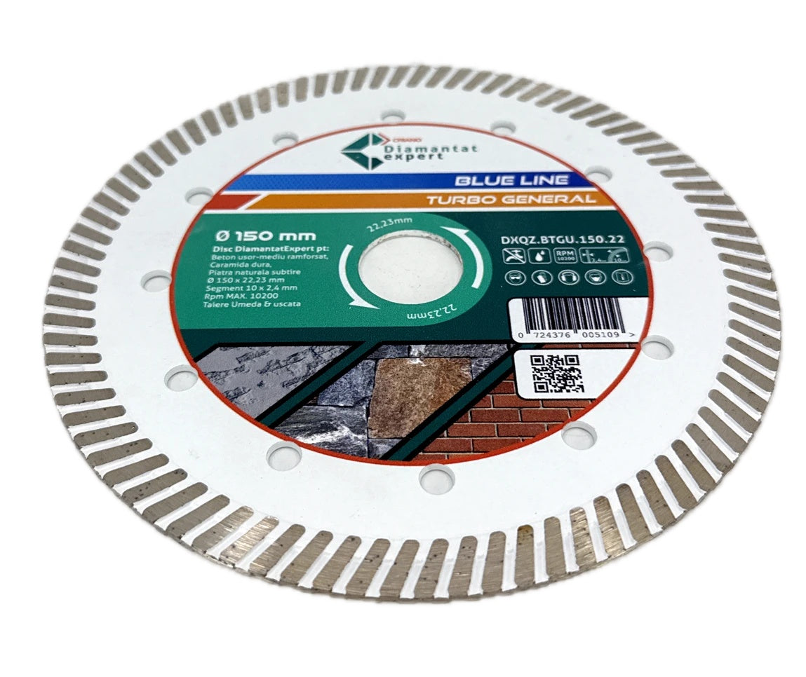 Disc DiamantatExpert TURBO pt. Beton Ranforsat Usor, Materiale de constructii 150x22.23 (mm) taiere uscata sau umeda, Blue Line Profesional - DXQZ.BTGU.150
