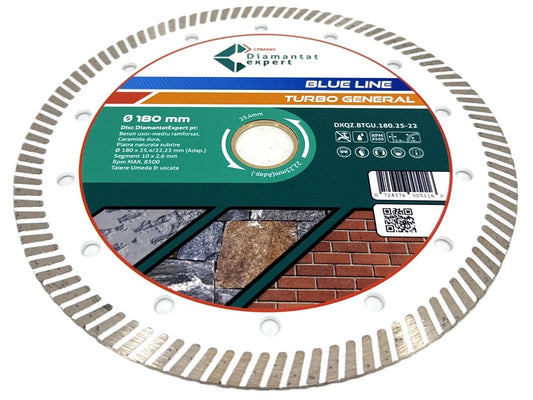 Disc DiamantatExpert TURBO pt. Beton Ranforsat Usor, Materiale de constructii 180x25,4/22.23(ring) (mm) taiere uscata sau umeda, Blue Line Profesional - DXQZ.BTGU.180.25-22