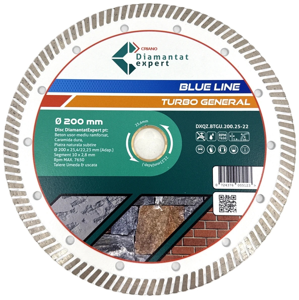 Disc DiamantatExpert TURBO pt. Beton Ranforsat Usor, Materiale de constructii 200x25,4/22.23(ring) (mm) taiere uscata sau umeda, Blue Line Profesional - DXQZ.BTGU.200.25-22