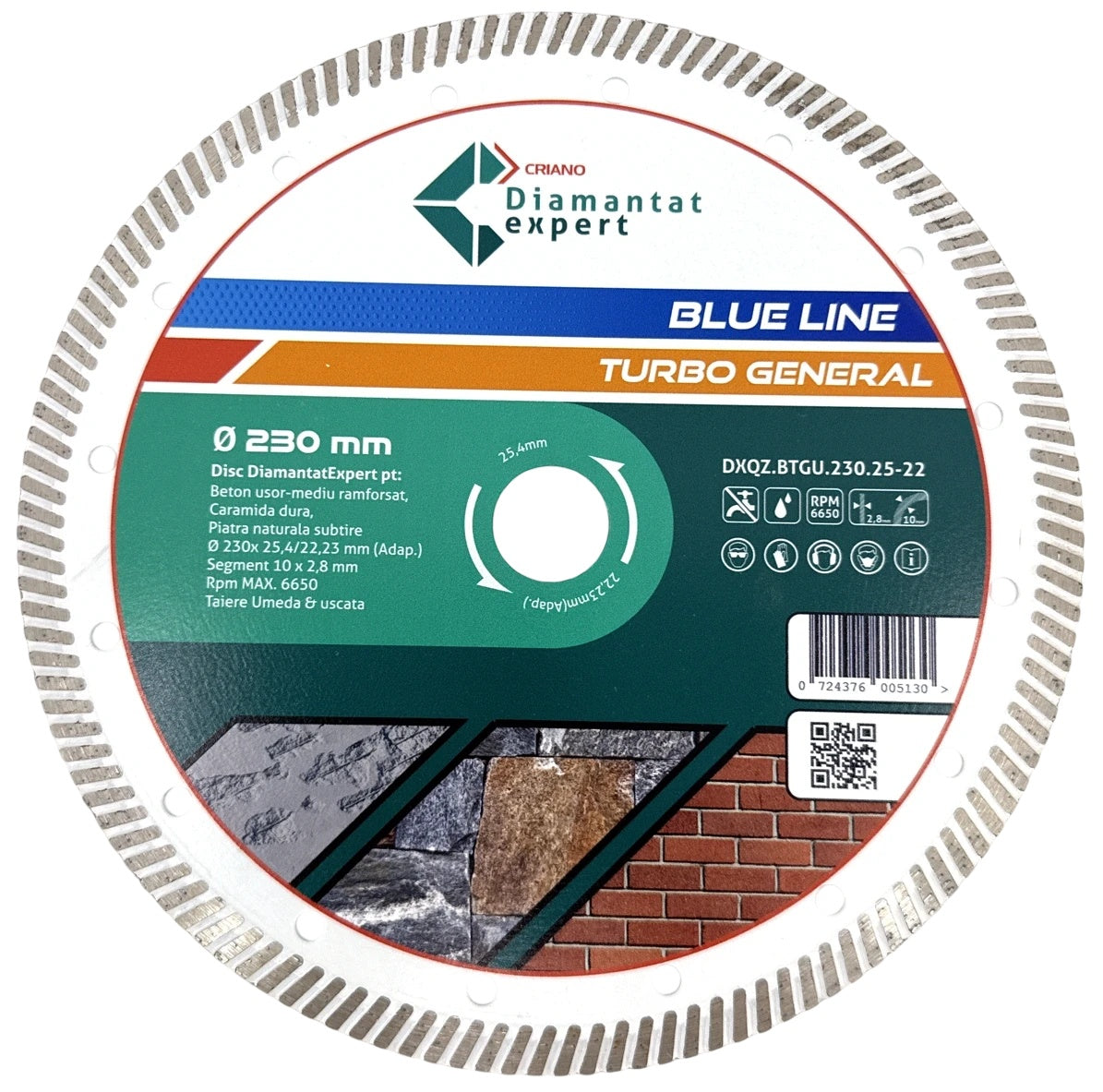 Disc DiamantatExpert TURBO pt. Beton Ranforsat Usor, Materiale de constructii 230x25,4/22.23(ring) (mm) taiere uscata sau umeda, Blue Line Profesional - DXQZ.BTGU.230.25-22