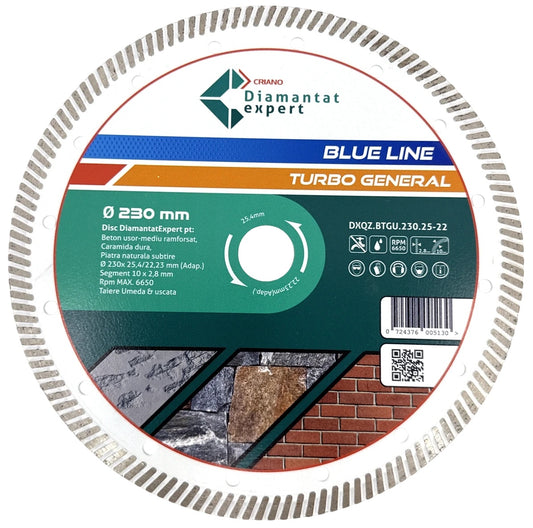 Disc DiamantatExpert TURBO pt. Beton Ranforsat Usor, Materiale de constructii 230x25,4/22.23(ring) (mm) taiere uscata sau umeda, Blue Line Profesional - DXQZ.BTGU.230.25-22