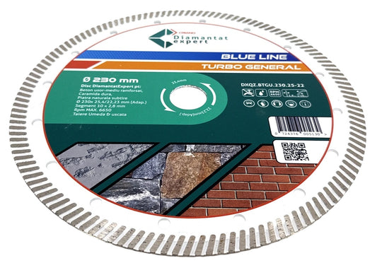 Disc DiamantatExpert TURBO pt. Beton Ranforsat Usor, Materiale de constructii 230x25,4/22.23(ring) (mm) taiere uscata sau umeda, Blue Line Profesional - DXQZ.BTGU.230.25-22