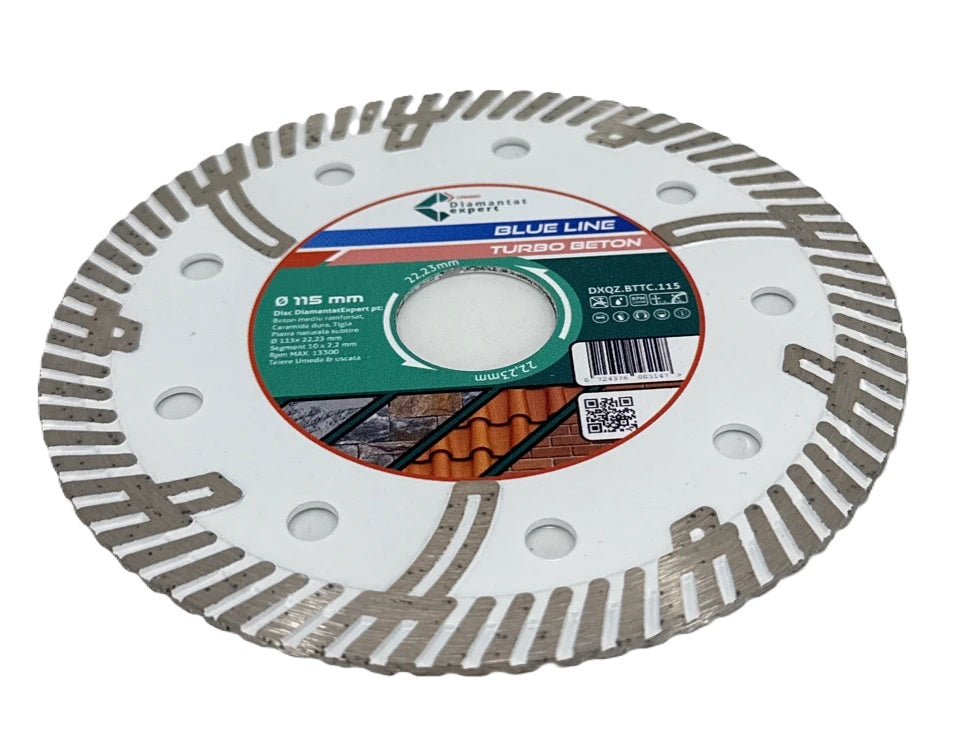 Disc DiamantatExpert TURBO Segmentat pt. Beton Ranforsat Usor, Materiale de constructii 115x22.23 (mm) taiere uscata sau umeda, Blue Line Profesional - DXQZ.BTTC.115