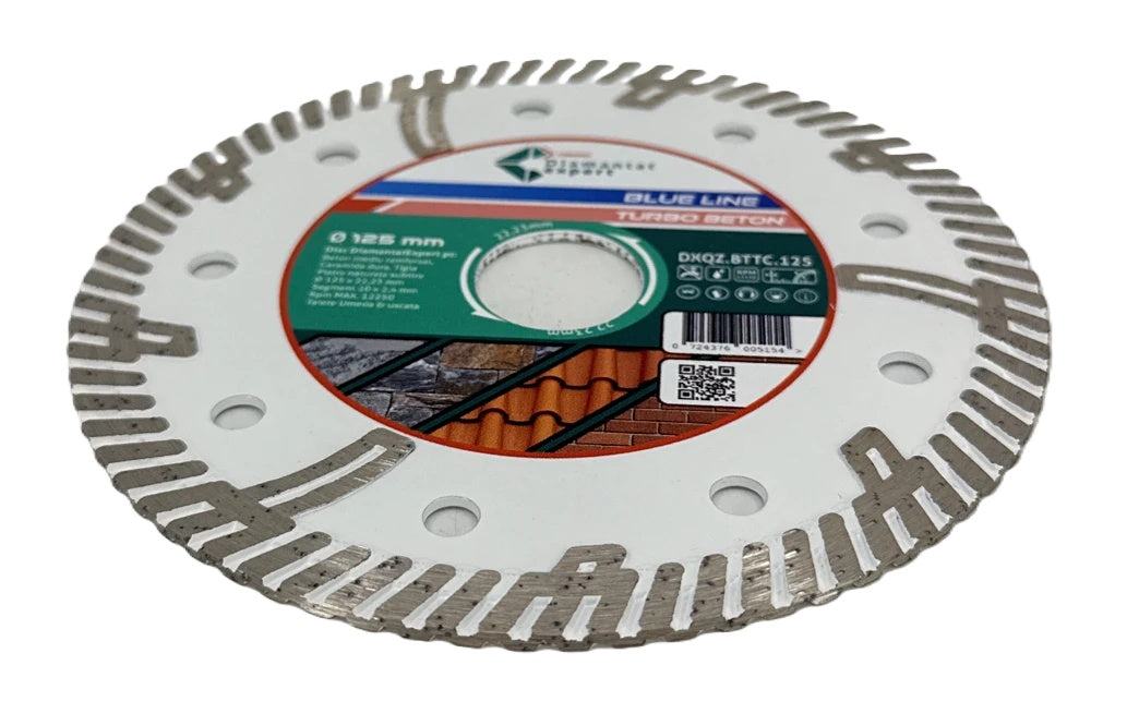 Disc DiamantatExpert TURBO Segmentat pt. Beton Ranforsat Usor, Materiale de constructii 125x22.23 (mm) taiere uscata sau umeda, Blue Line Profesional - DXQZ.BTTC.125