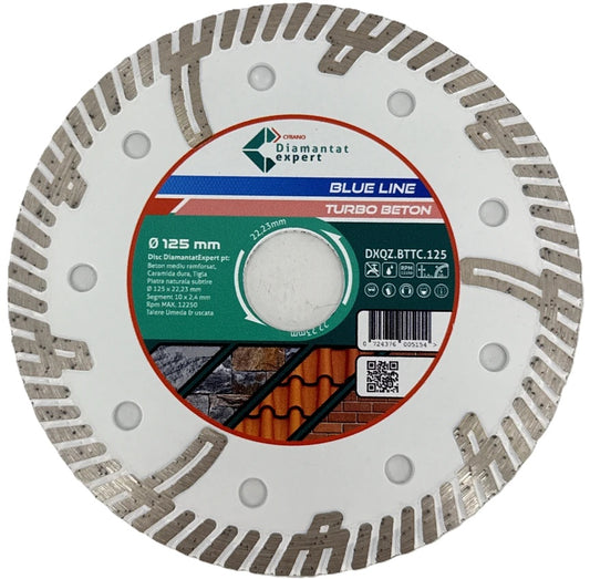 Disc DiamantatExpert TURBO Segmentat pt. Beton Ranforsat Usor, Materiale de constructii 125x22.23 (mm) taiere uscata sau umeda, Blue Line Profesional - DXQZ.BTTC.125