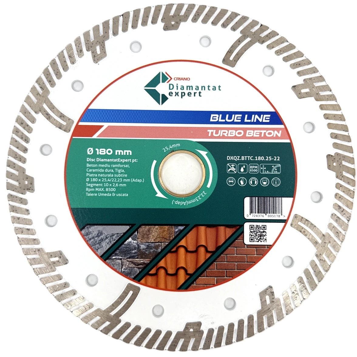 Disc DiamantatExpert TURBO Segmentat pt. Beton Ranforsat Usor, Materiale de constructii 180x25,4/22.23(ring) (mm) taiere uscata sau umeda, Blue Line Profesional - DXQZ.BTTC.180.25-22