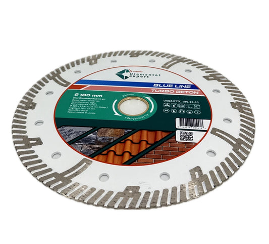 Disc DiamantatExpert TURBO Segmentat pt. Beton Ranforsat Usor, Materiale de constructii 180x25,4/22.23(ring) (mm) taiere uscata sau umeda, Blue Line Profesional - DXQZ.BTTC.180.25-22