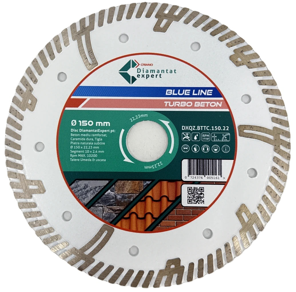Disc DiamantatExpert TURBO Segmentat pt. Beton Ranforsat Usor, Materiale de constructii 150x22.23 (mm) taiere uscata sau umeda, Blue Line Profesional - DXQZ.BTTC.150