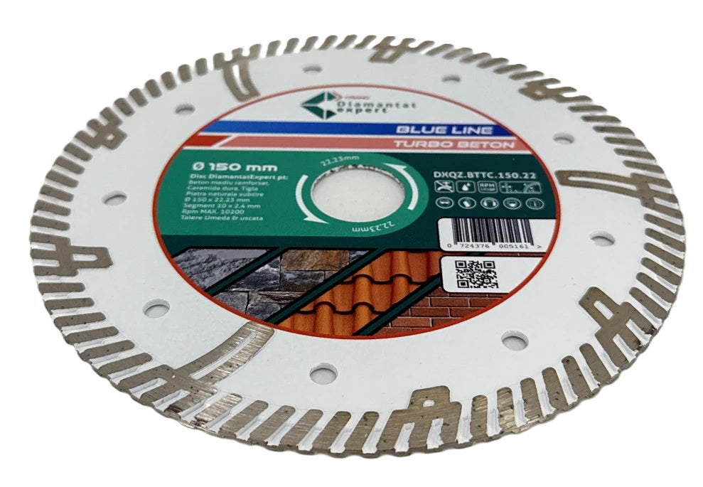 Disc DiamantatExpert TURBO Segmentat pt. Beton Ranforsat Usor, Materiale de constructii 150x22.23 (mm) taiere uscata sau umeda, Blue Line Profesional - DXQZ.BTTC.150