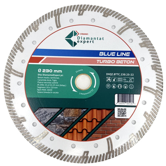 Disc DiamantatExpert TURBO Segmentat pt. Beton Ranforsat Usor, Materiale de constructii 230x25,4/22.23(ring) (mm) taiere uscata sau umeda, Blue Line Profesional - DXQZ.BTTC.230.25-22