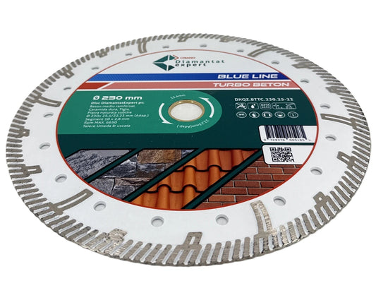 Disc DiamantatExpert TURBO Segmentat pt. Beton Ranforsat Usor, Materiale de constructii 230x25,4/22.23(ring) (mm) taiere uscata sau umeda, Blue Line Profesional - DXQZ.BTTC.230.25-22