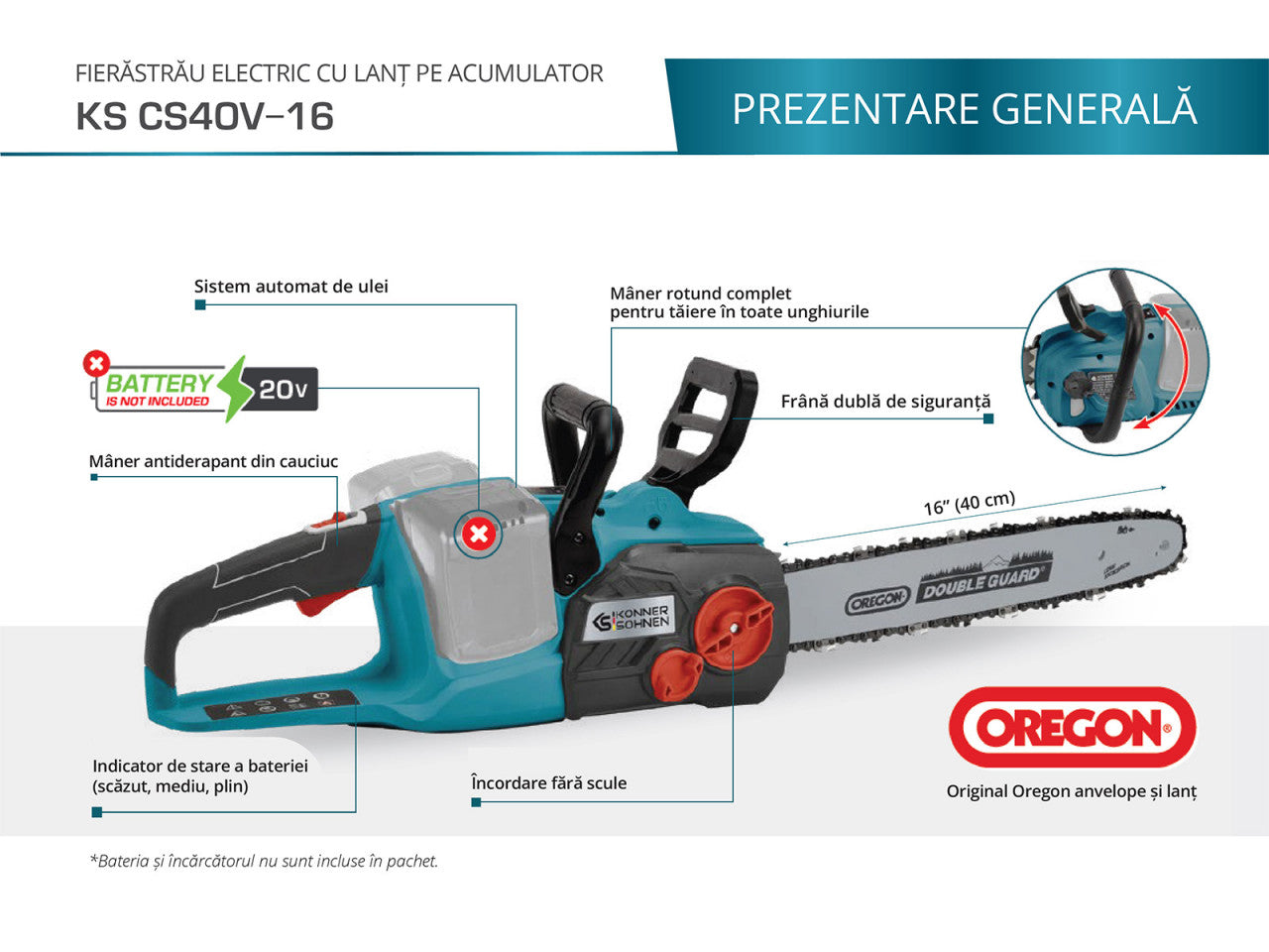 Fierăstrău electric cu lanț pe acumulator (neinclus) - Konner & Sohnen - KS CS40V-16