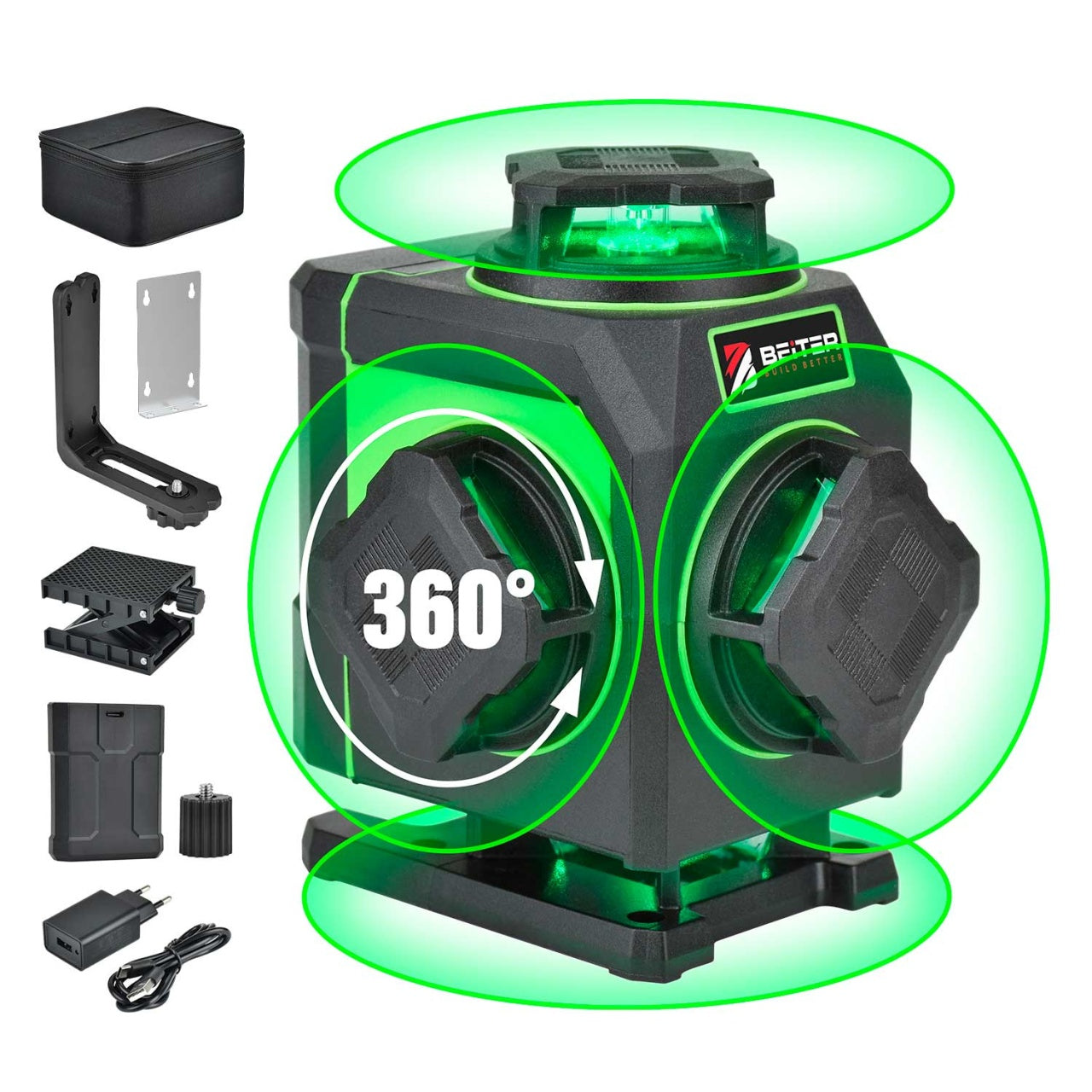 Nivela Laser Verde 4x360°, capuri laser rotative, raza de actiune 20m - Beiter TED-4DT