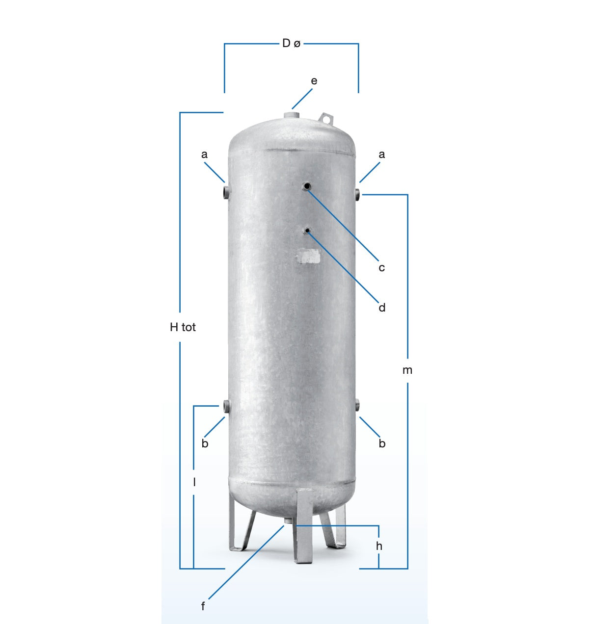 Rezervor de aer vertical vopsit RAL5015 - 2000 litri, max. 12 bari - ABAC-TANK-VERT.2000-12-PED-5015+KIT