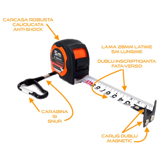 Ruleta Magnetica Heavy-Duty banda metalica cu dublu marcaj, ranforsata anti-shock si carabina, 5m x 28mm - CNO-RUL5X28-HD