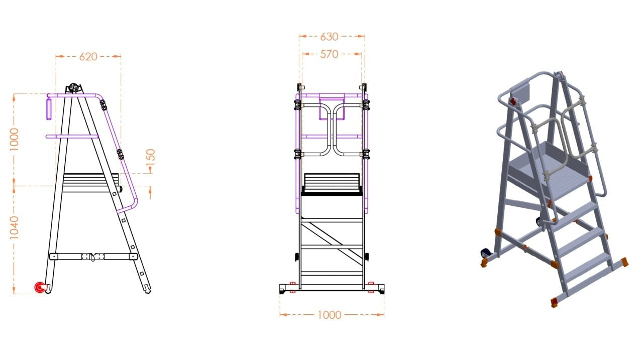 Scara industriala rabatabila (pliabila) din aluminiu cu 3 trepte si platforma h=104cm, inaltime de lucru 3m - CNO-SME-FWPL13
