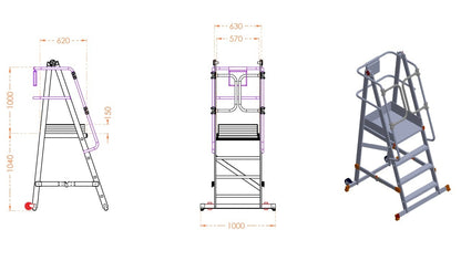 Scara industriala rabatabila (pliabila) din aluminiu cu 3 trepte si platforma h=104cm, inaltime de lucru 3m - CNO-SME-FWPL13