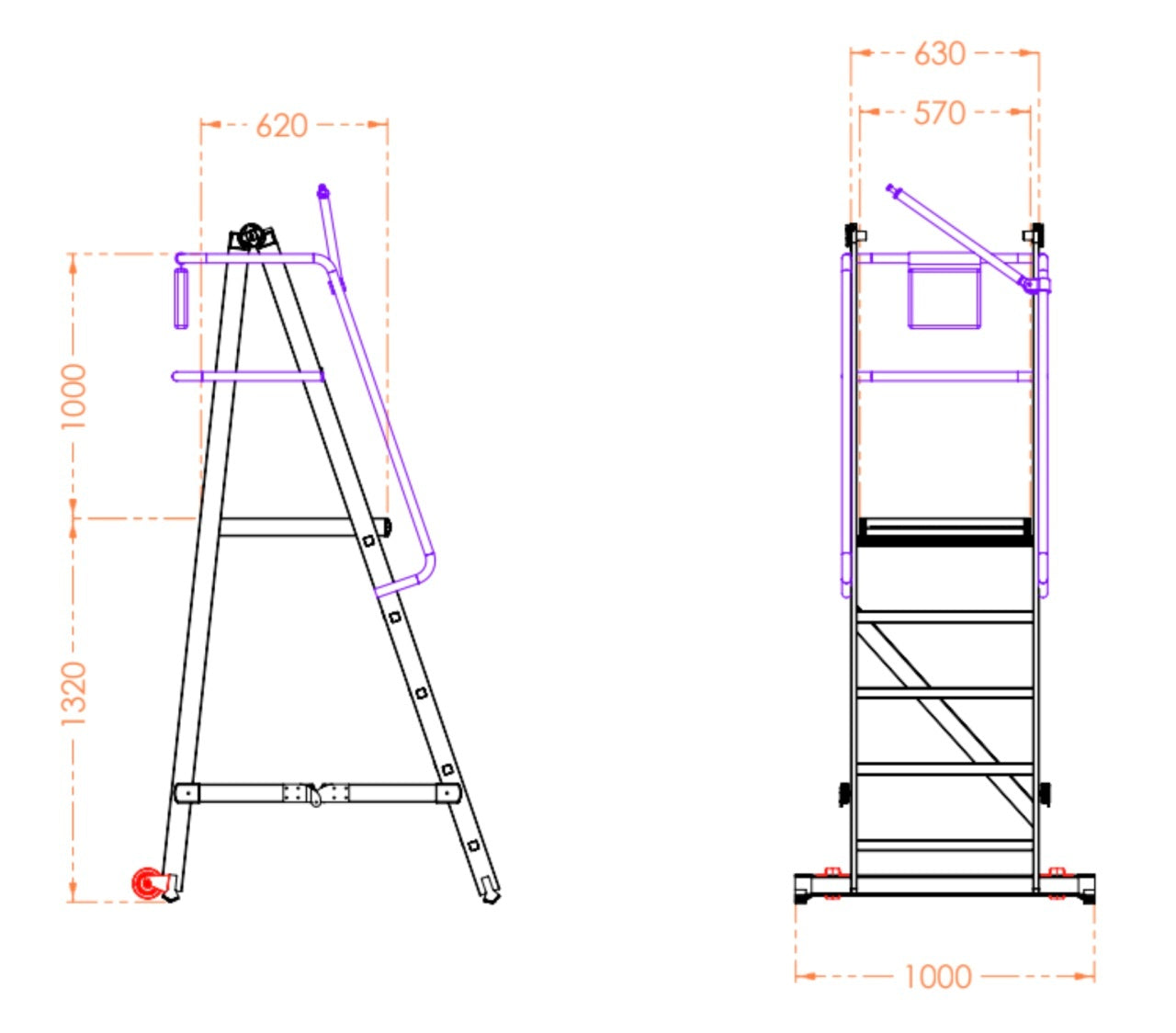 Scara industriala rabatabila (pliabila) din aluminiu cu 4 trepte si platforma h=132cm, inaltime de lucru 3,3m - CNO-SME-FWPL14