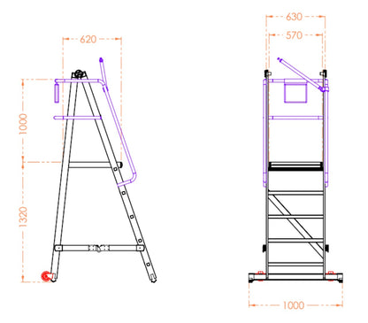 Scara industriala rabatabila (pliabila) din aluminiu cu 4 trepte si platforma h=132cm, inaltime de lucru 3,3m - CNO-SME-FWPL14