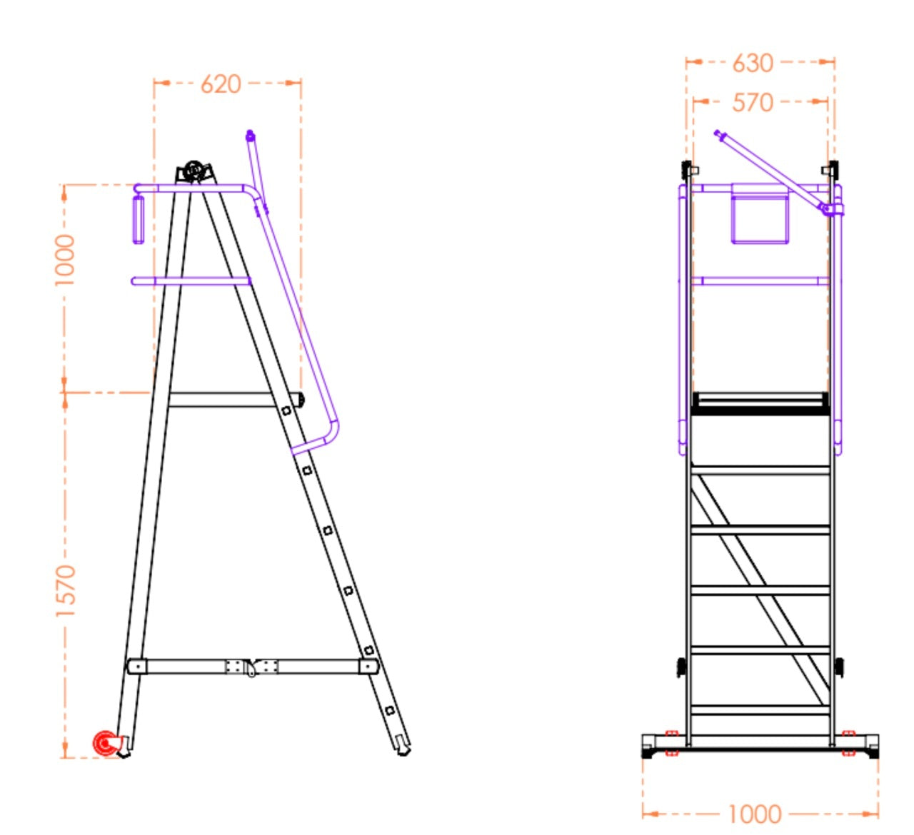 Scara industriala rabatabila (pliabila) din aluminiu cu 5 trepte si platforma h=157cm, inaltime de lucru 3,5m - CNO-SME-FWPL15