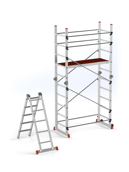 Schela aluminiu mobila cu doua scari pliabile 2x5 trepte, inaltime de lucru 3,9m, platforma 1,35x0,45(m), max. 150kg - CNO-SME-ACRO4M