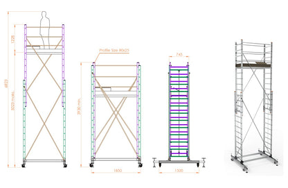 Schela mobila aluminiu telescopica 2x3,5(m), inaltime lucru 7 metri, o platforma 1,6x0,6(m), max 200kg/mp - CNO-SME-MEGA7