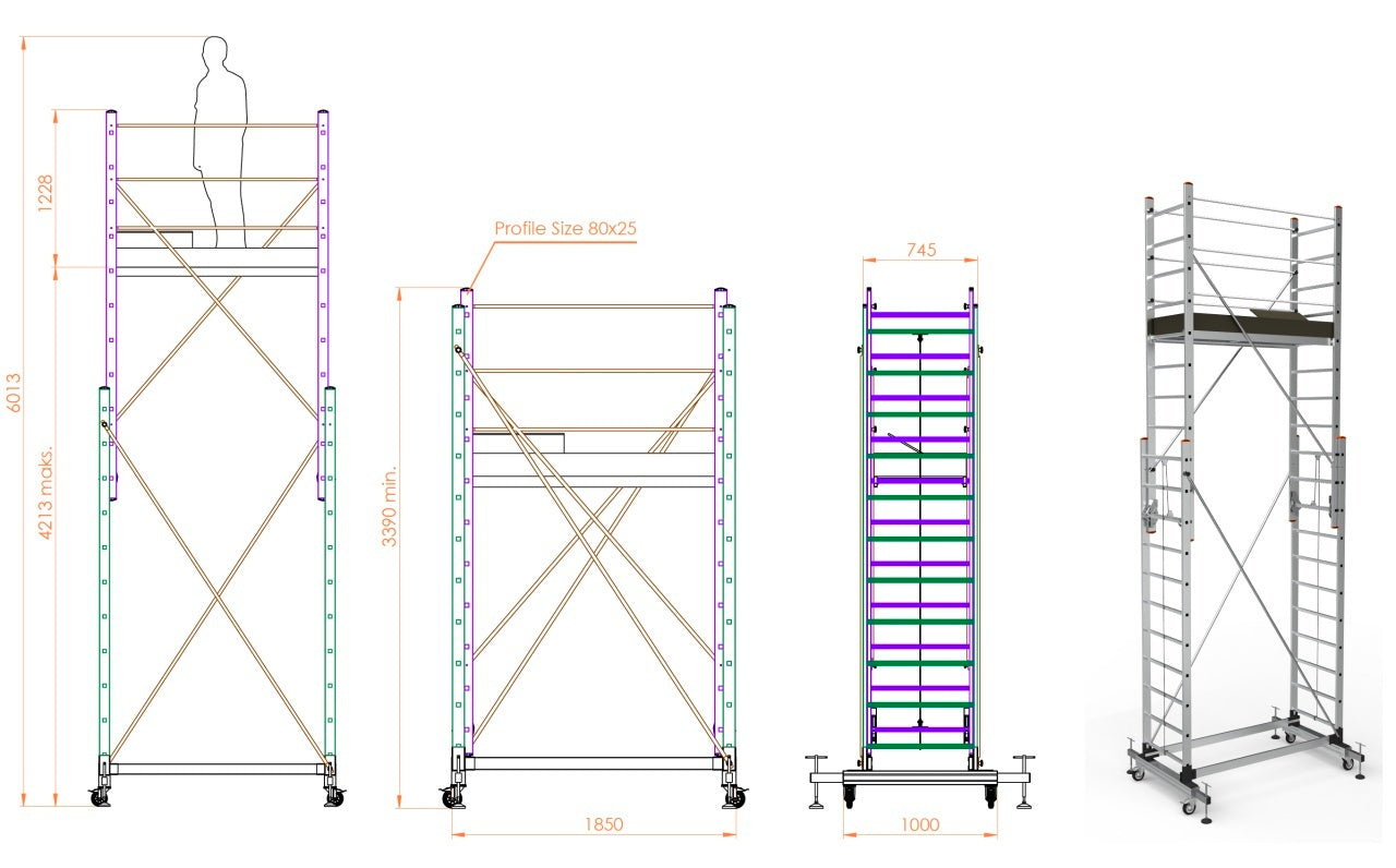 Schela mobila aluminiu telescopica 2x3(m), inaltime lucru 6 metri, o platforma 1,6x0,6(m), max 200kg/mp - CNO-SME-MEGA6
